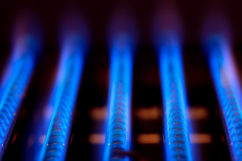 pilot light and blue flames inside a furnace.