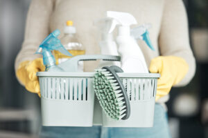 Closeup of household cleaning supplies.