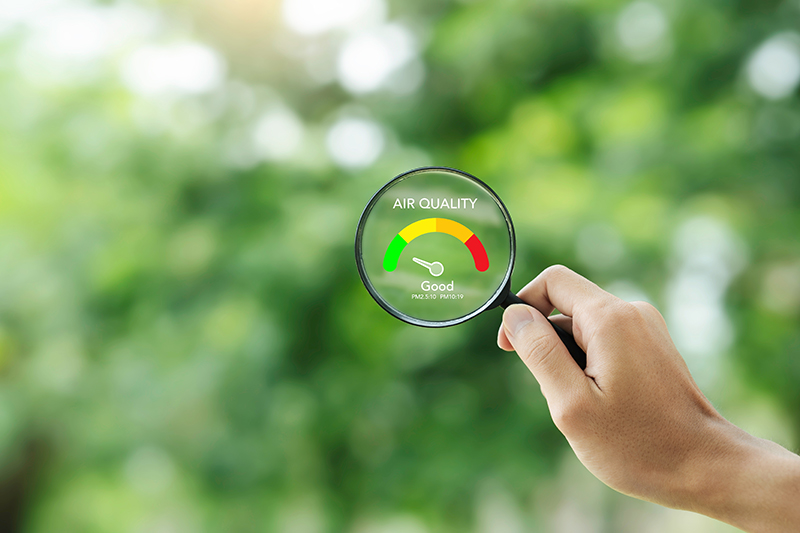 Hand holding a magnifying glass with text showing "indoor air quality" in front of greenery.