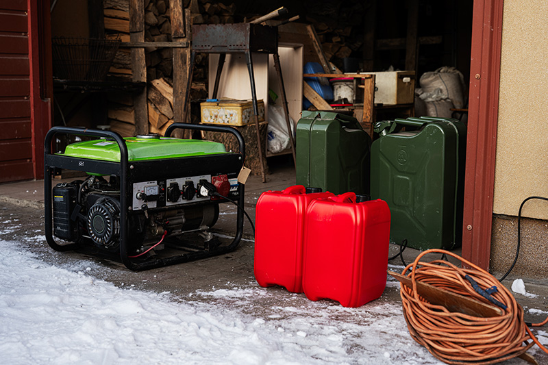 Generator outside of a garage with snow on the ground around it.