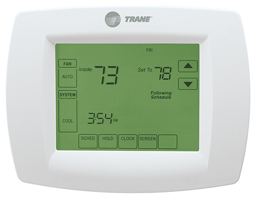 Trane thermostat, green display, temp 73/78, cool mode.