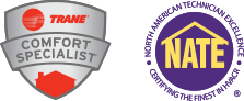 Trane Comfort Specialist and NATE Certification logos.